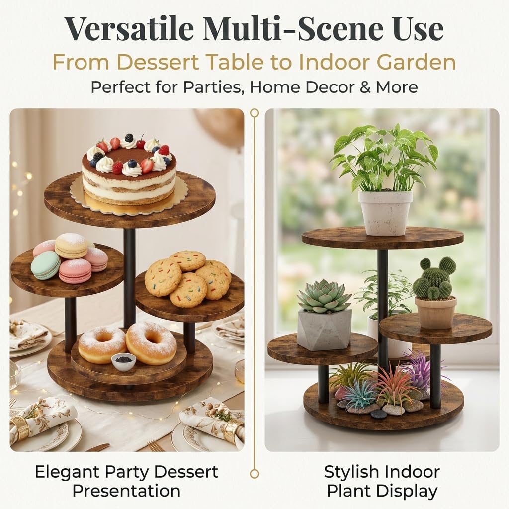 Fushiton Rustic Tiered Dessert Stand Wooden Cupcake Tower, 4-Tier Flower Shaped Cake Stand for Parties, Weddings, and Farmhouse Decor