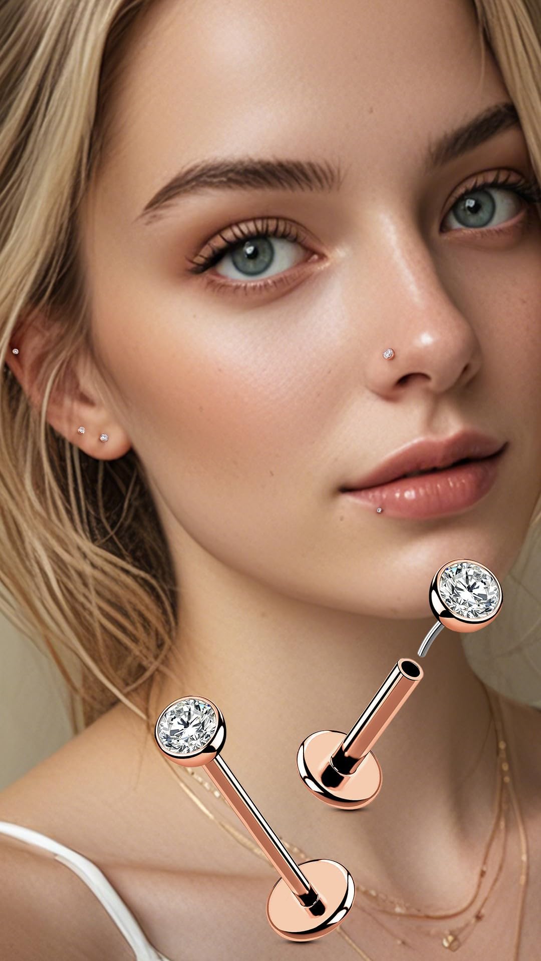OUFER 2PCS Rose Gold Titanium Flat Back Threadless Stud Earrings, 16G/18G/20G Push Pin Piercing Jewelry – Multiple Post Lengths (5mm–12mm) & CZ Sizes (1.5mm–4mm) for Lobe, Helix, Tragus, Conch, Nose