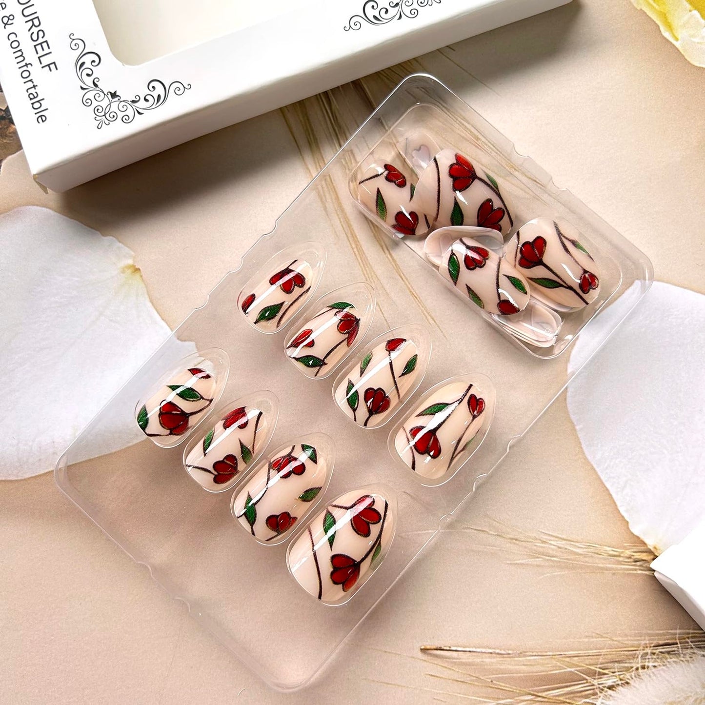 TBRZTR Flower Press on Nails Medium Almond Shaped Red Floral Pattern Design Full Cover Glossy Almond False Nail Reusable Artificial Acrylic Nail DIY Press Ons Stick on Nails for Women 24Pcs