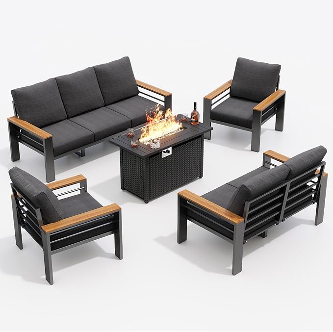 Aoxun Aluminum Outdoor Patio Furniture Set, 8-piece Outdoor Sectional with 44'' Propane Gas Firepit Table, Patio Conversation Sets with Upgraded Armrests and Cushions for Backyard, Garden and Poolside