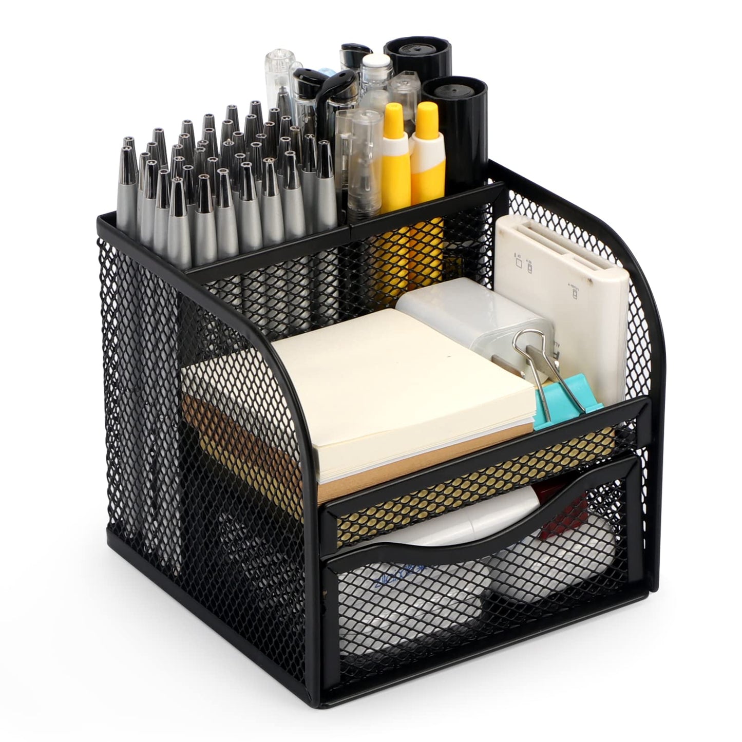 BiSiViO Mesh Desk Organizer, Metal Pencil Holder, Pen Holder for Desk with Drawer, Desktop Accessories, Multi-functional Caddy Pen Organizers with 3 Compartments for Office Art Supplies - Black
