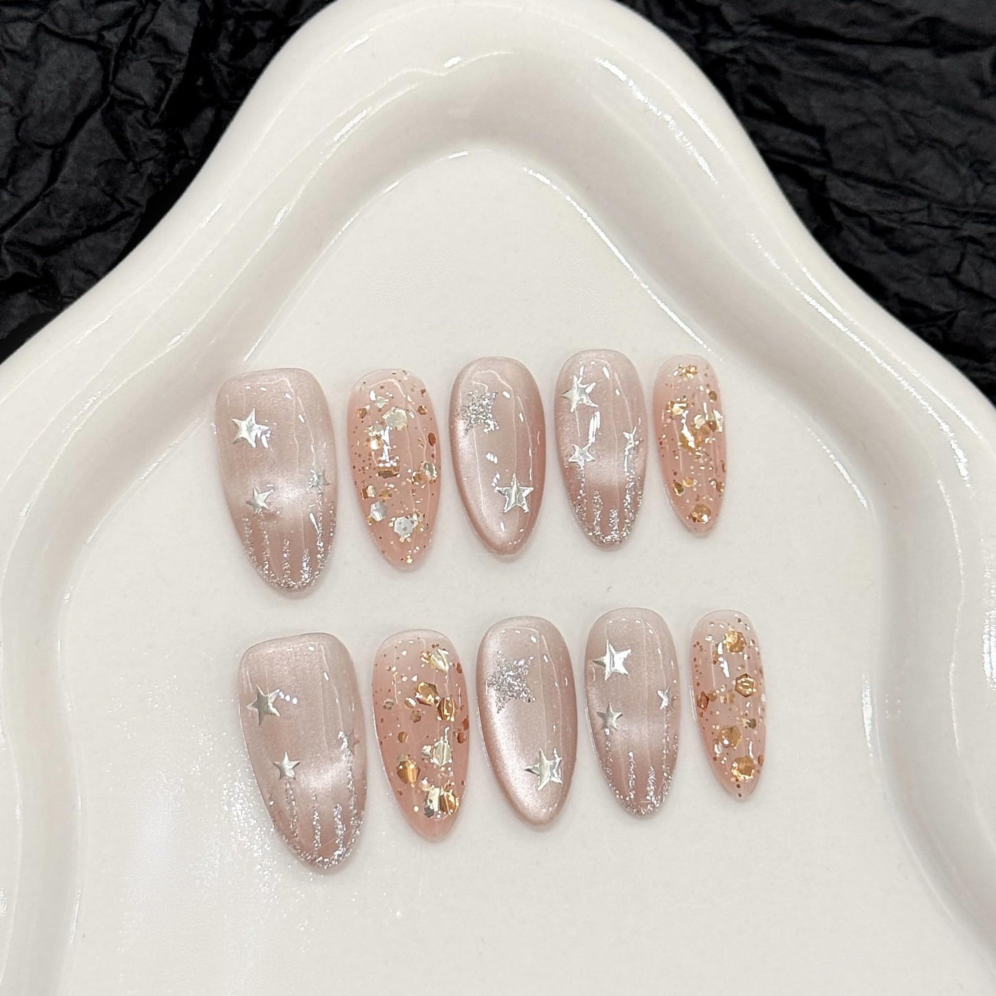LOHAS Home Handcrafted Dreamy Fairy Wand Bling-Bling Glitter Wearable Nails Reusable Almond-shaped Nail, Stars & Moons, S