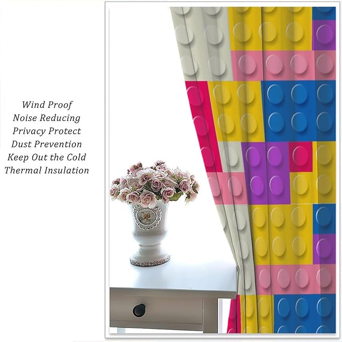 Kids Building Blocks Toy Curtains Children's Room Abstract Outline Colorful Plastic Toys Geometric Bricks Print Curtains for Boys Girls Nursery Curtains 63x63 Inches 2 Panels
