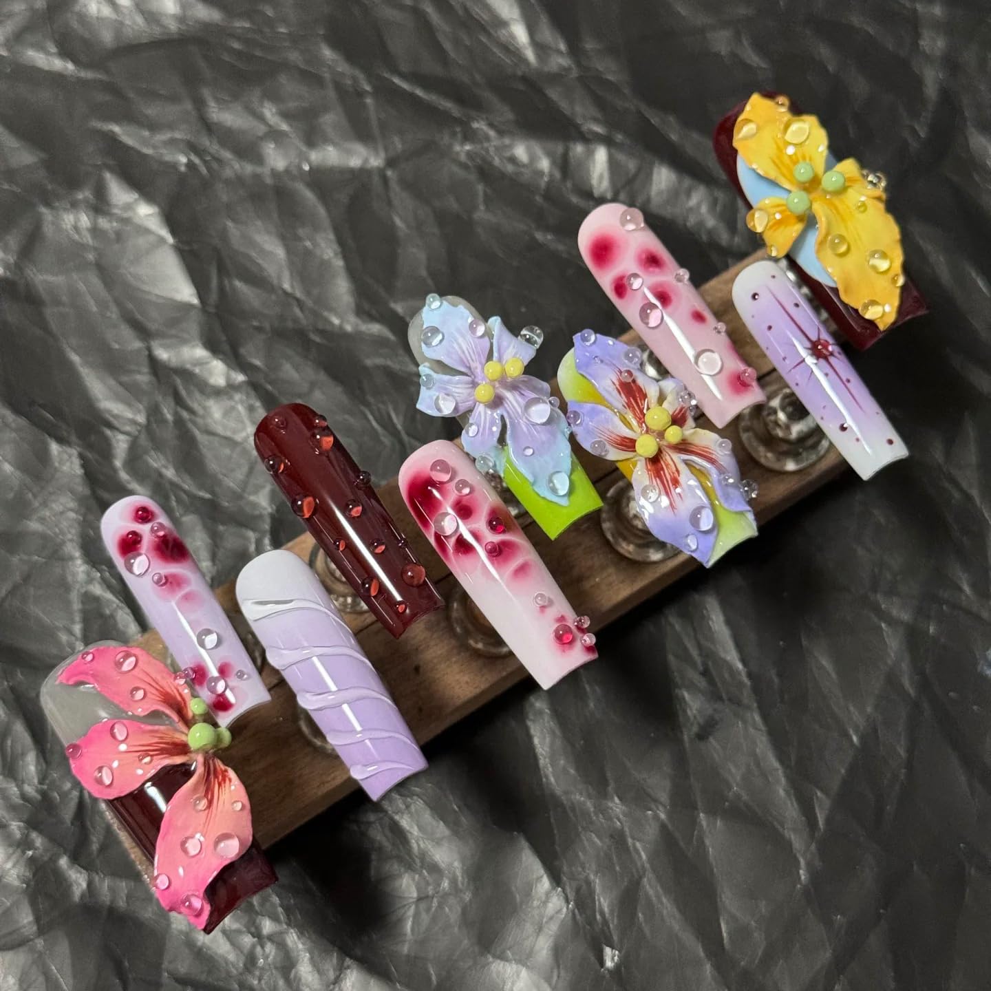 LIFOOST Handmade Press On Nails Long Multicolor 3D Carving Flowers Design 10pcs Hand painted Smudging Glue On Acrylic Fake Nails