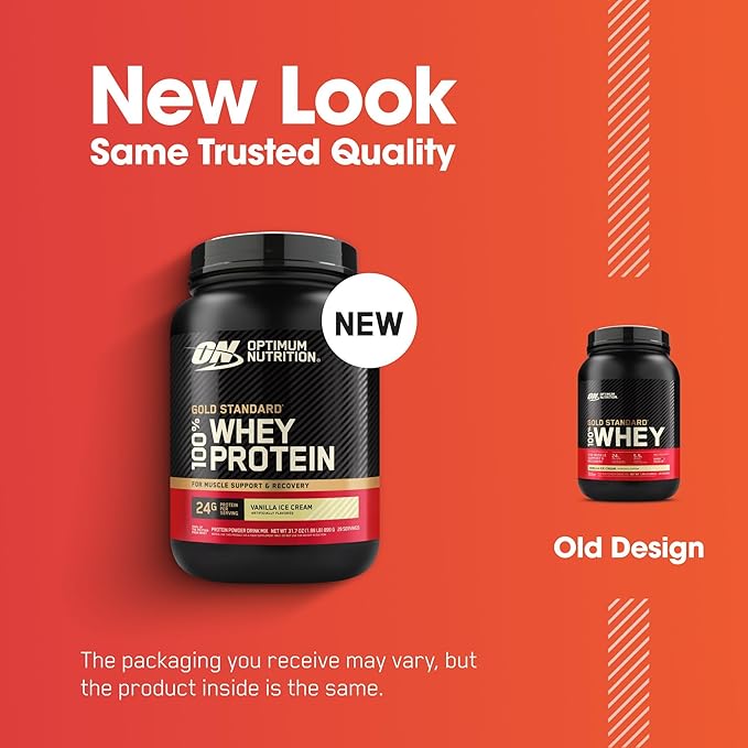 Optimum Nutrition Gold Standard 100% Whey Protein Powder, Vanilla Ice Cream, 2 Pound (Packaging May Vary)