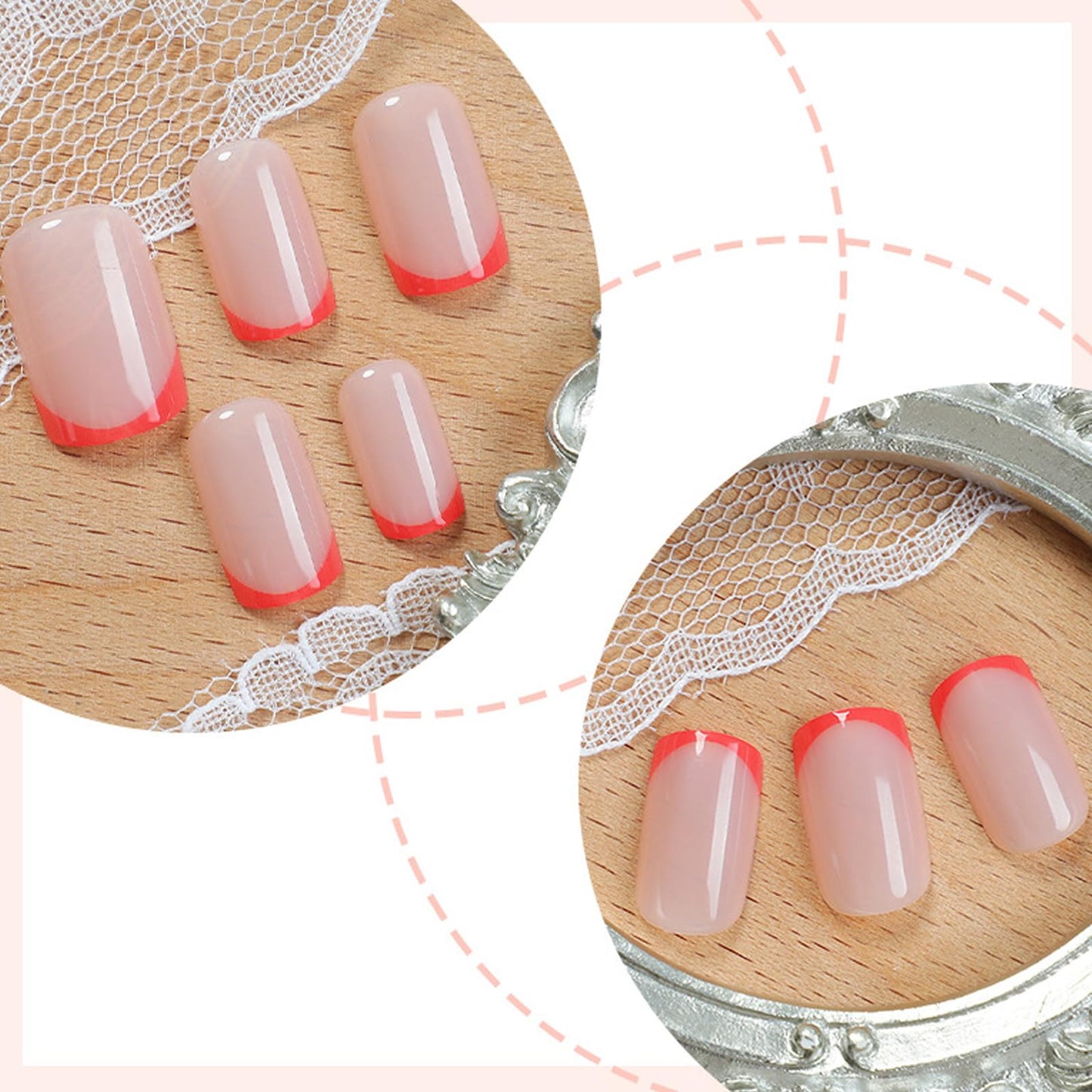 IMSOHOT Press on Nails Short Square Fake Nails Coral Pink French Tips False Nails Squoval Glossy Acrylic Full Cover Nude Artificial Stick on Nails for Women Girls 24Pcs