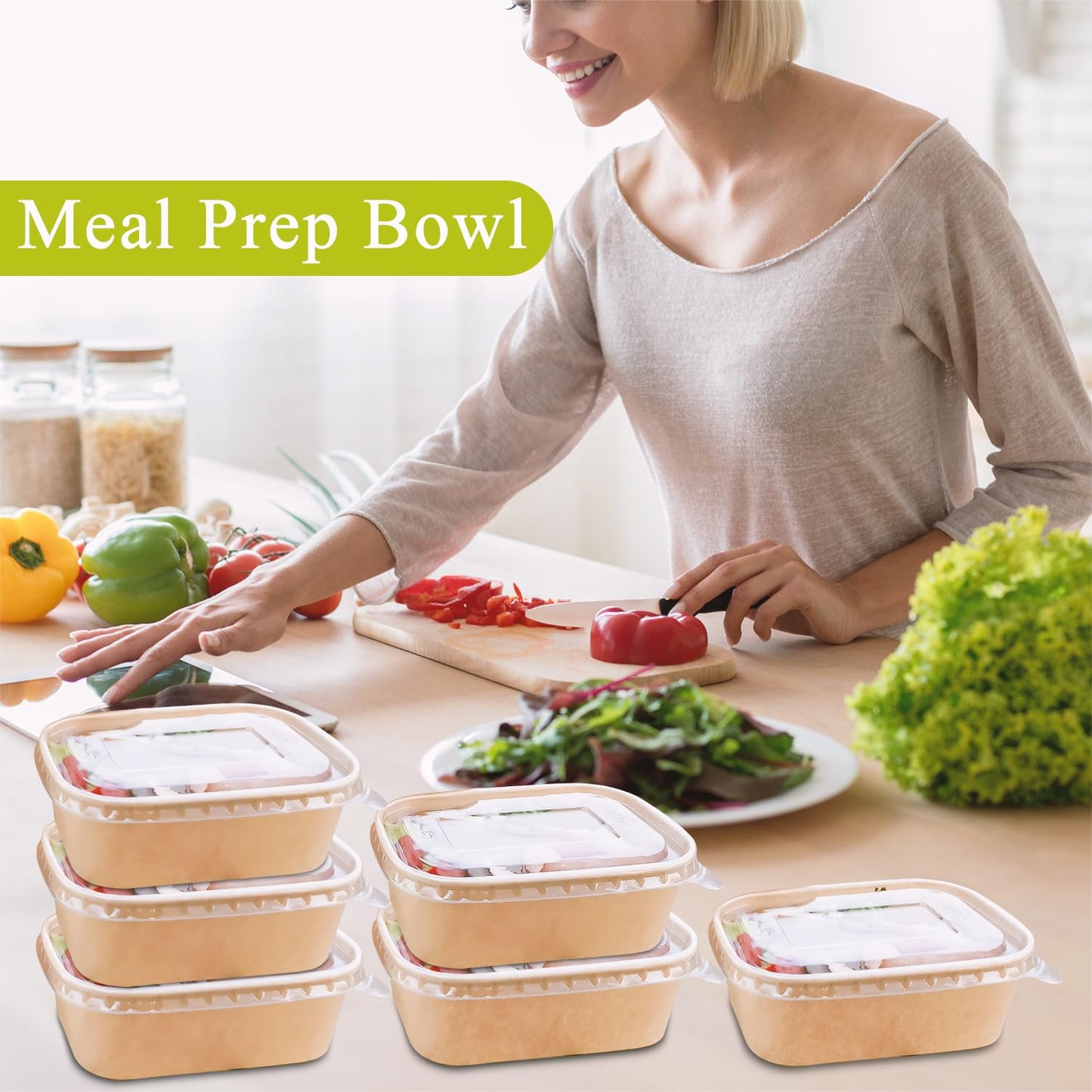 50-Pack 29oz Kraft Paper Bowls Disposable with Lids and Wooden Forks, Disposable Meal Prep Containers Paper Food Prep Containers with Lids, To Go Container for Hot Soup/Salad, Freezer & Microwave Safe