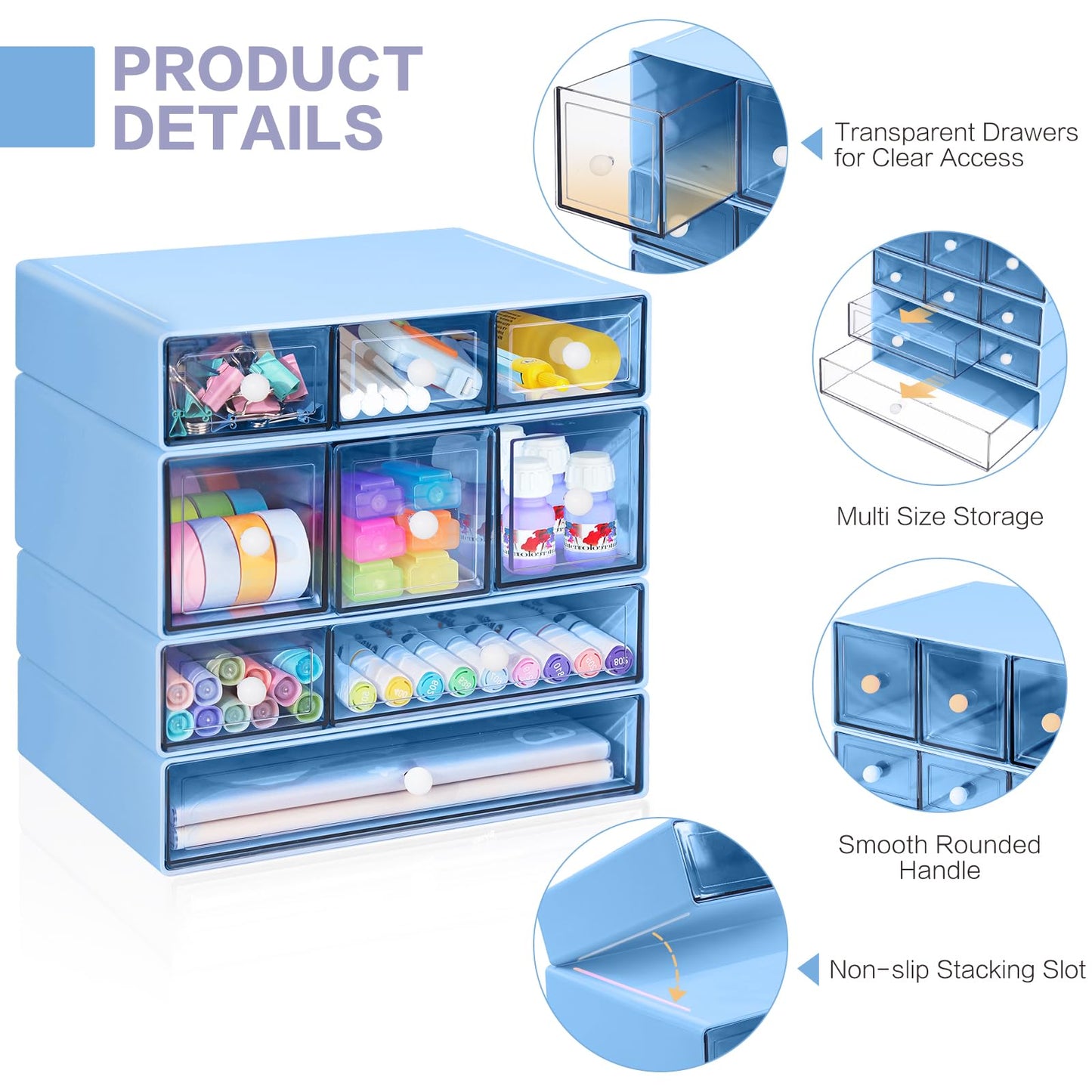 FODIENS Desk Storage Organizer with 9 Drawers, 4 Tiers Stackable Desktop Craft Storage Drawers, Clear Storage Box Caddy for Stationary Makeup Jewelry Office Craft Supplies (Blue)