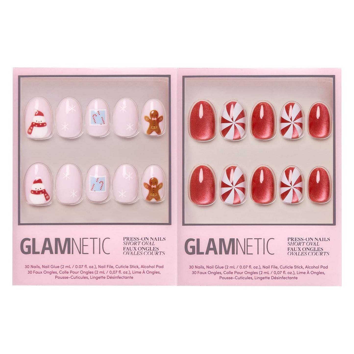Glamnetic Press-On Nails Bundle - Cocoa & Kisses & Candy Crush | Short Oval Nude Nails with Festive Winter Graphics | Short Oval Fake Nails with Candy Cane Swirl Design and Velvet Finish | Durable, Sa