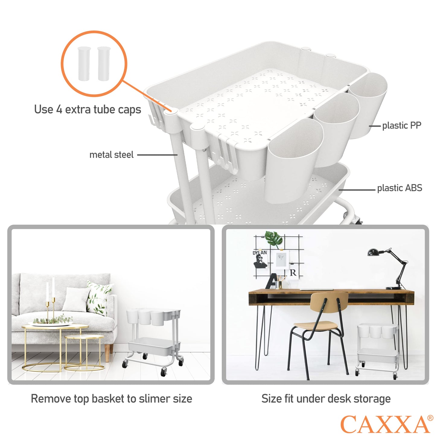 CAXXA 3-Tier Rolling Storage Organizer with 3 Small Baskets - Mobile Utility Cart with Caster Wheels (White)