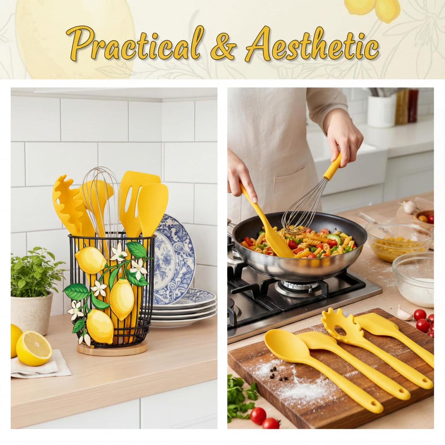 Ferrochef 7 Pcs Lemon Kitchen Decor and Accessories Silicone Cooking Utensils Set with Crock Organizer Heat Resistant Tools Set Slotted Turner Pasta Spoon Soup Ladle Whisk Spatula Salad Server