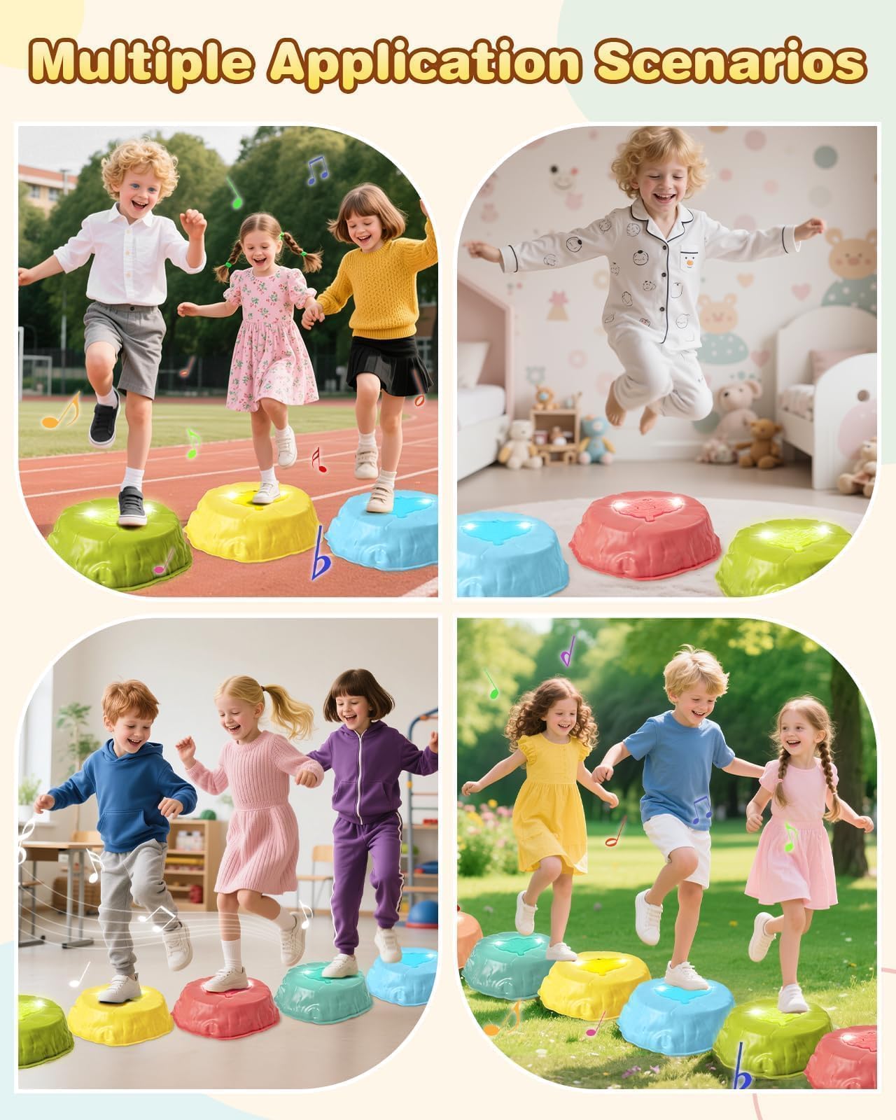 Gleamkid Light Up Stepping Stones for Kids with Music: 6PCS Thicker Double Non-Slip Balance Stepping Stones with Rainbow Spinner, Indoor Outdoor Sensory Toy for Toddlers Ages 3+, Boys & Girls Gifts