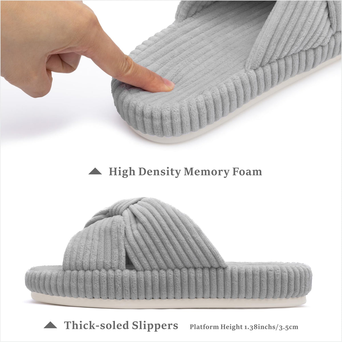 Slippers for Women Memory Foam House Bedroom Corduroy Bow Crossbands Slide Slipper Shoes Comfy Trendy Gift Slippers Grey Size 9 10 8.5