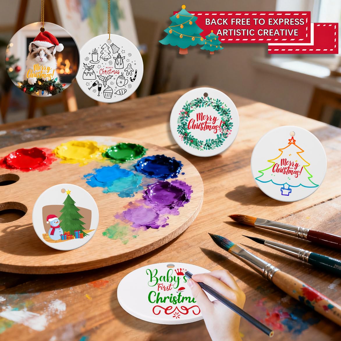 50 Pack Ceramic Sublimation Ornament Blank 3 inch Round Crafting DIY Personalized Printed Christmas Home Bulk White Porcelain Xmas Tree Crafts Decor