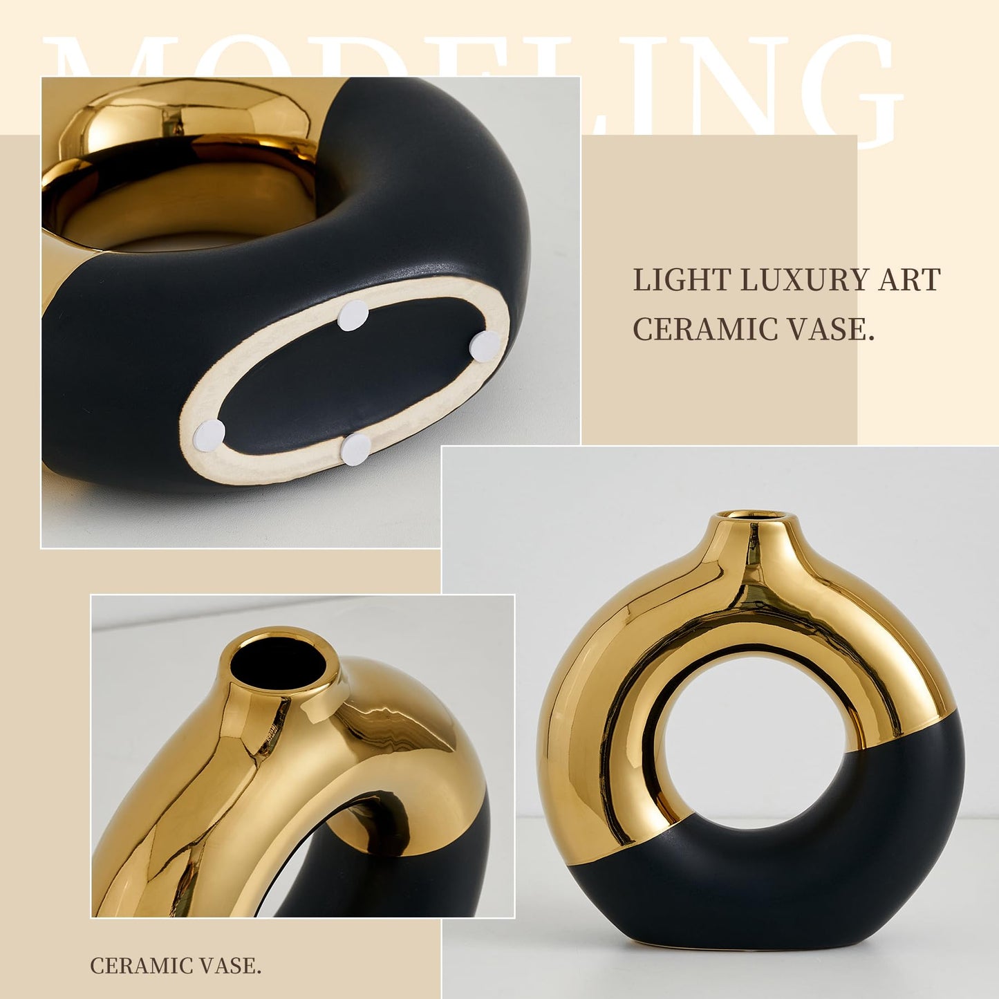 FJS Ceramic Donut Vase, 8" L x 8" H Black and Gold Round Vase for Pampas Grass, Nordic Modern Vases for Decor, Ceramic Vase Centerpieces for Wedding, Bedroom, Living Room, Coffee Table, Office
