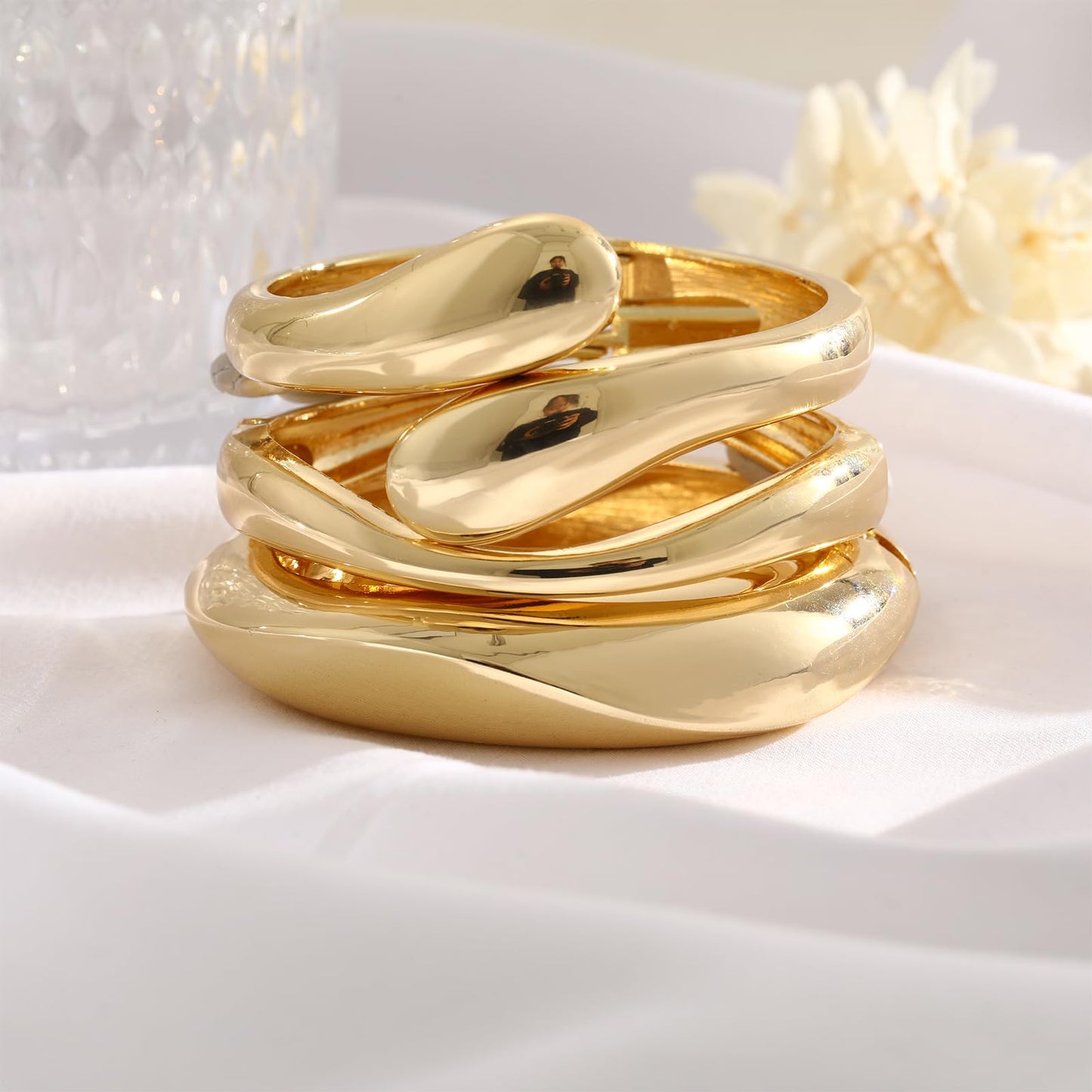 Chunky Gold Bangle Bracelets for Women, 14k Gold Plated Dainty Cuff Stackable Bangles Set, Trendy Bracelet Stack Fashion Jewelry Gifts (07-GOLD)