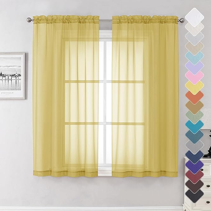 Lecloud Yellow Sheer Curtains 63 Inch Length 2 Panels, Light Filtering Voile Curtain Drapes for Bedroom Basement, Dual Rod Pocket Living Room Elegant Window Treatments, 40" W x 63" L