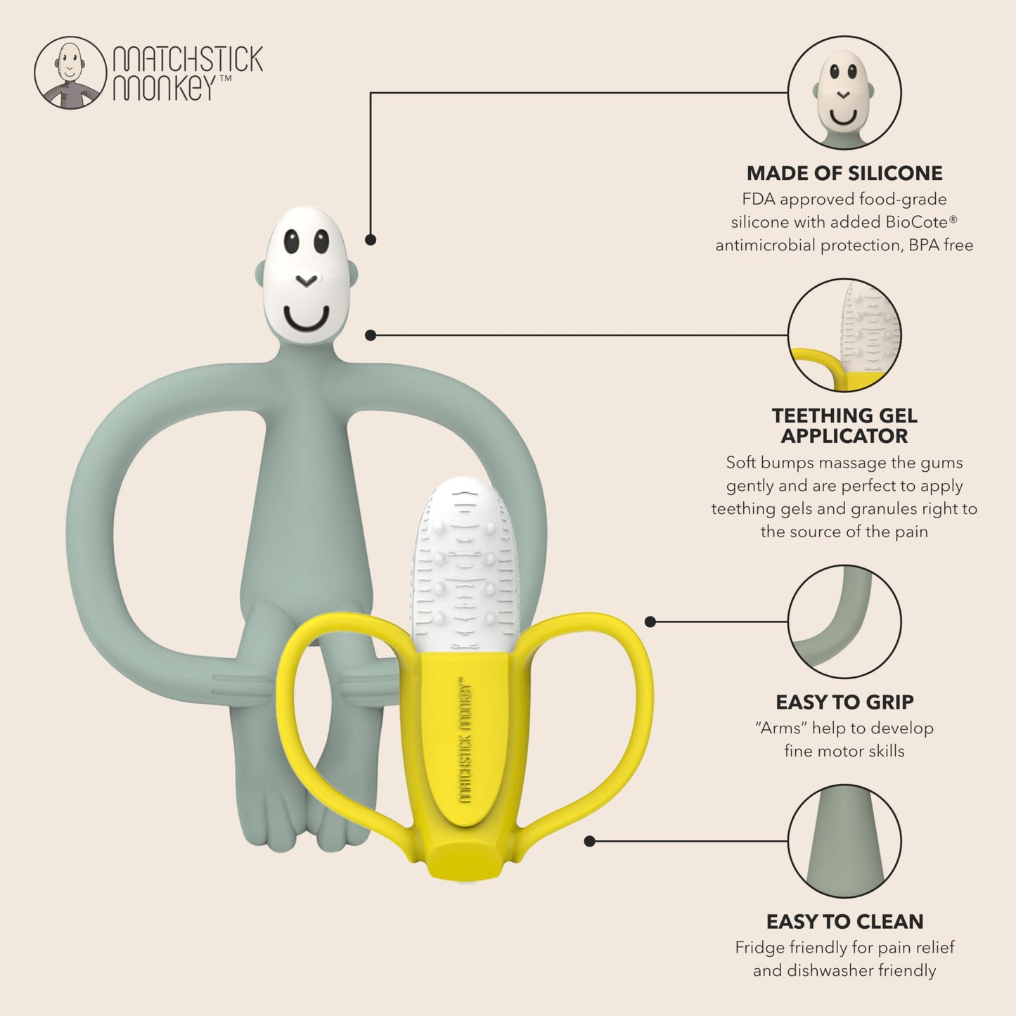Matchstick Monkey Teething Gift Set for Babies – Includes Banana Soother & Monkey Teether, Easy-to-Grip BPA-Free Silicone for Teething Relief & Oral Development, 3 Months+, Mint Green