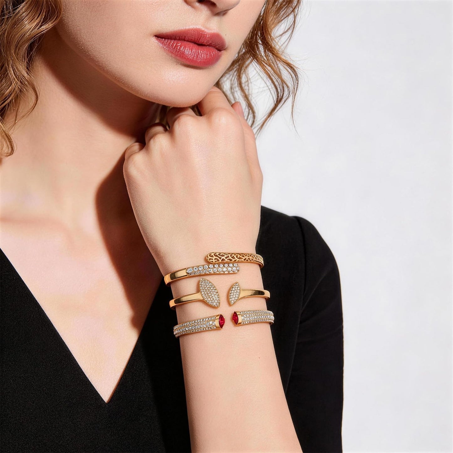 6PCS Gold Bangle Bracelet Set for Women, Light Luxury High-End Designer Style, Zinc Alloy with Cubic Zirconia, Stackable, Ideal Gift for Birthday Christmas Valentine's Day Mother's Day