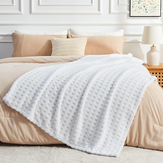 NEWCOSPLAY Super Soft Throw Blanket White Premium Silky Flannel Fleece 3D Waffle Checkered Lightweight Bed Blanket All Season Use (White, Throw(50"x70"))