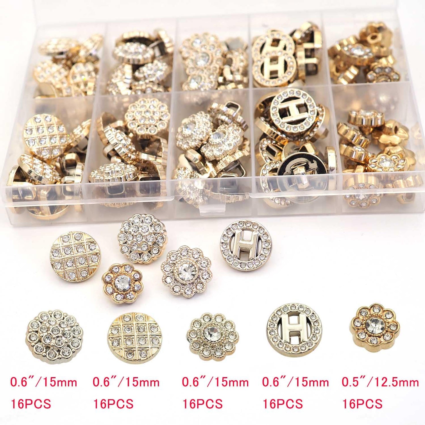 Xiufortion 80PCS Plastic Embellishment Buttons with Rhinestones Set for Coat，Suits，Knitting Sweaters, Sewing Crafting, Replacement, Handmade Crafts stored in a Plastic Box（5 Styles Mixed）