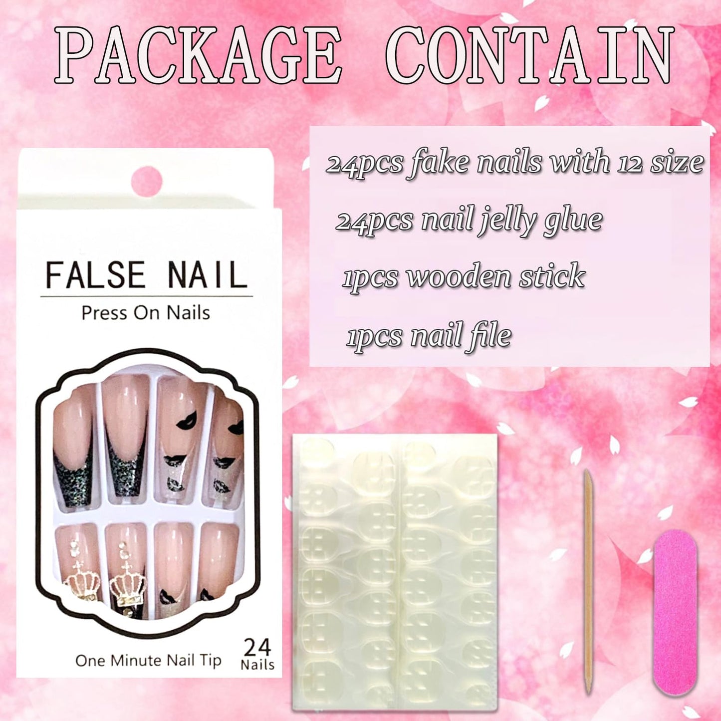 Vezocim French Tips Press on Nails Coffin Long Glossy Full Cover Acrylic Square Fake Nails with Crown Gems Designs Extra Long Artificial False Nails Glue Stick on Fingernails with Charm for Women