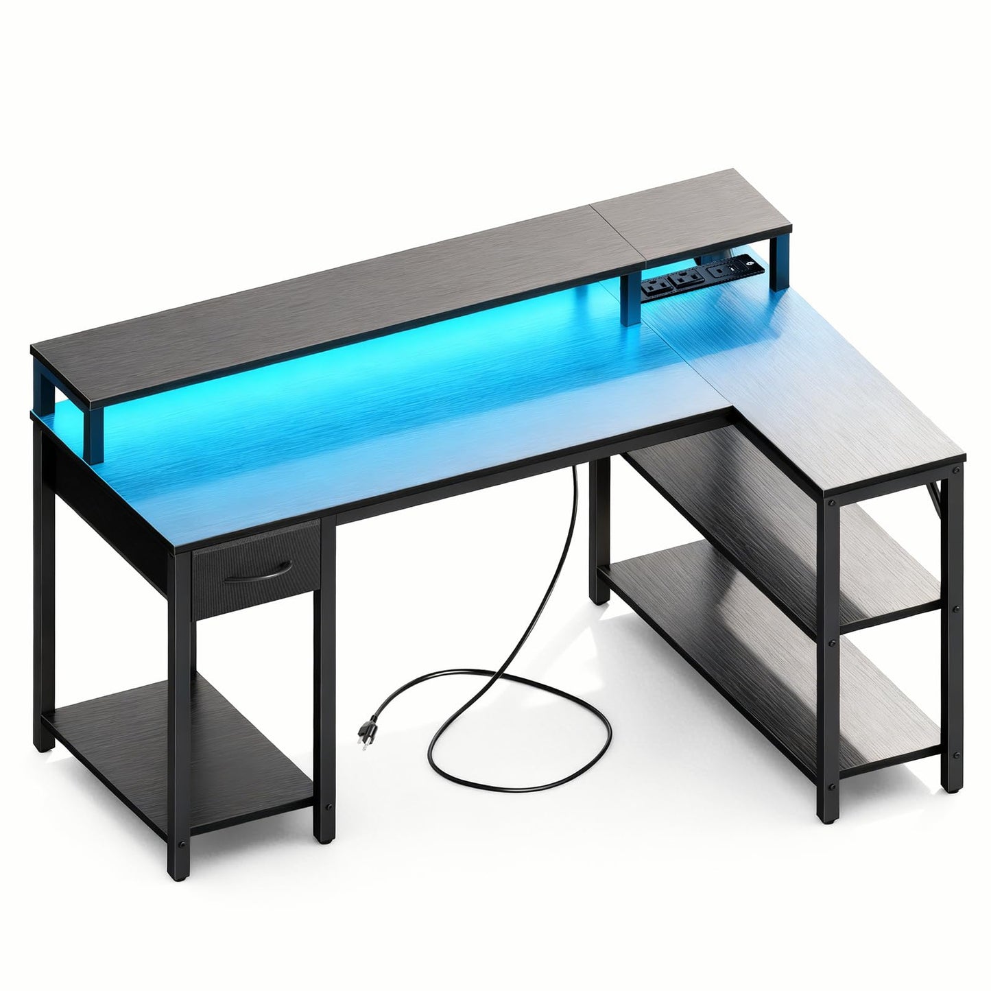 Simple Deluxe 47-inch L-Shaped Gaming Desk with LED Lights & Power Outlets, Reversible Corner Computer Desk with Monitor Riser, Drawer & Shelves, for Home Office, Black