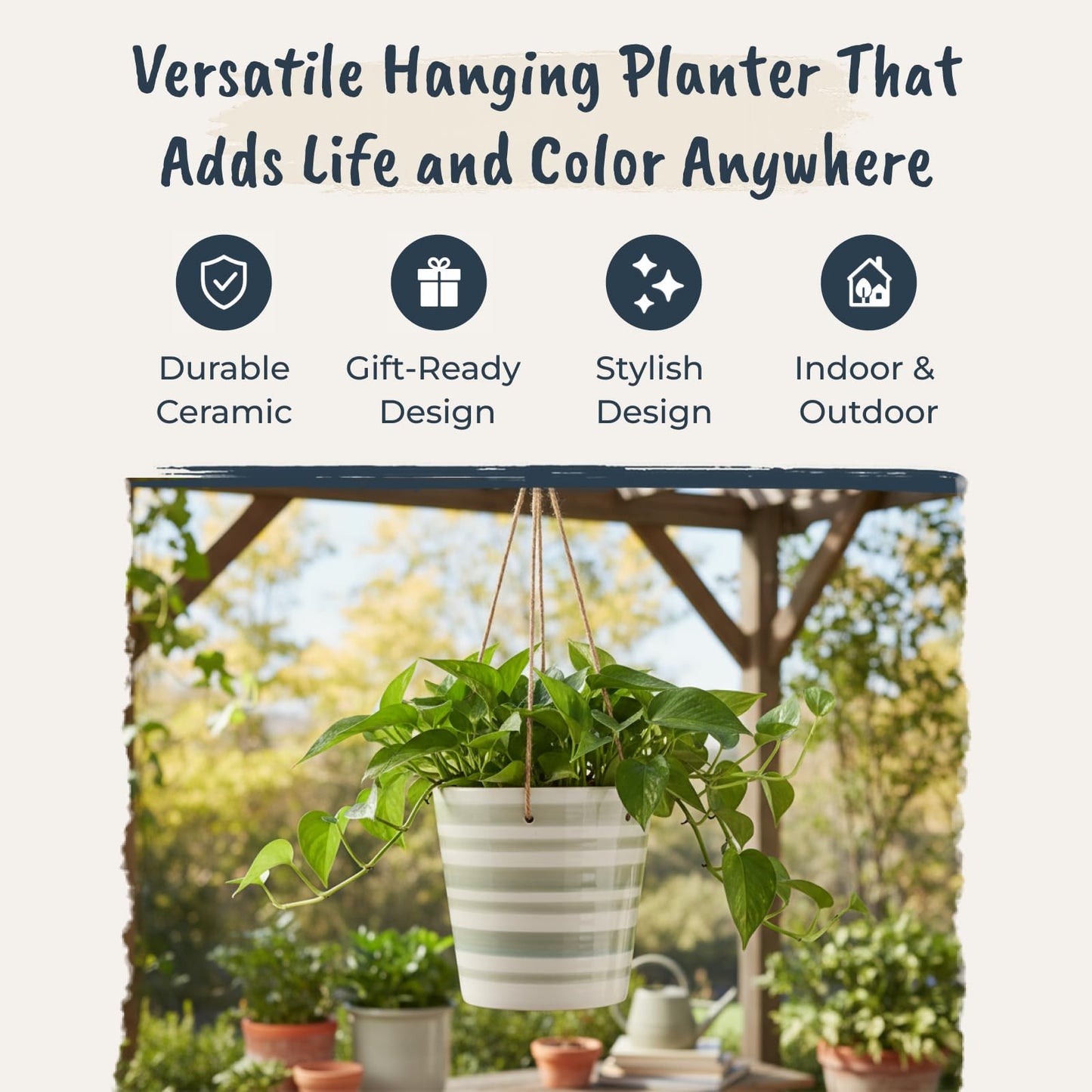 Blue Sky Ceramic Hanging Green Stripe 6.5'' Flower Pot, Multi Color