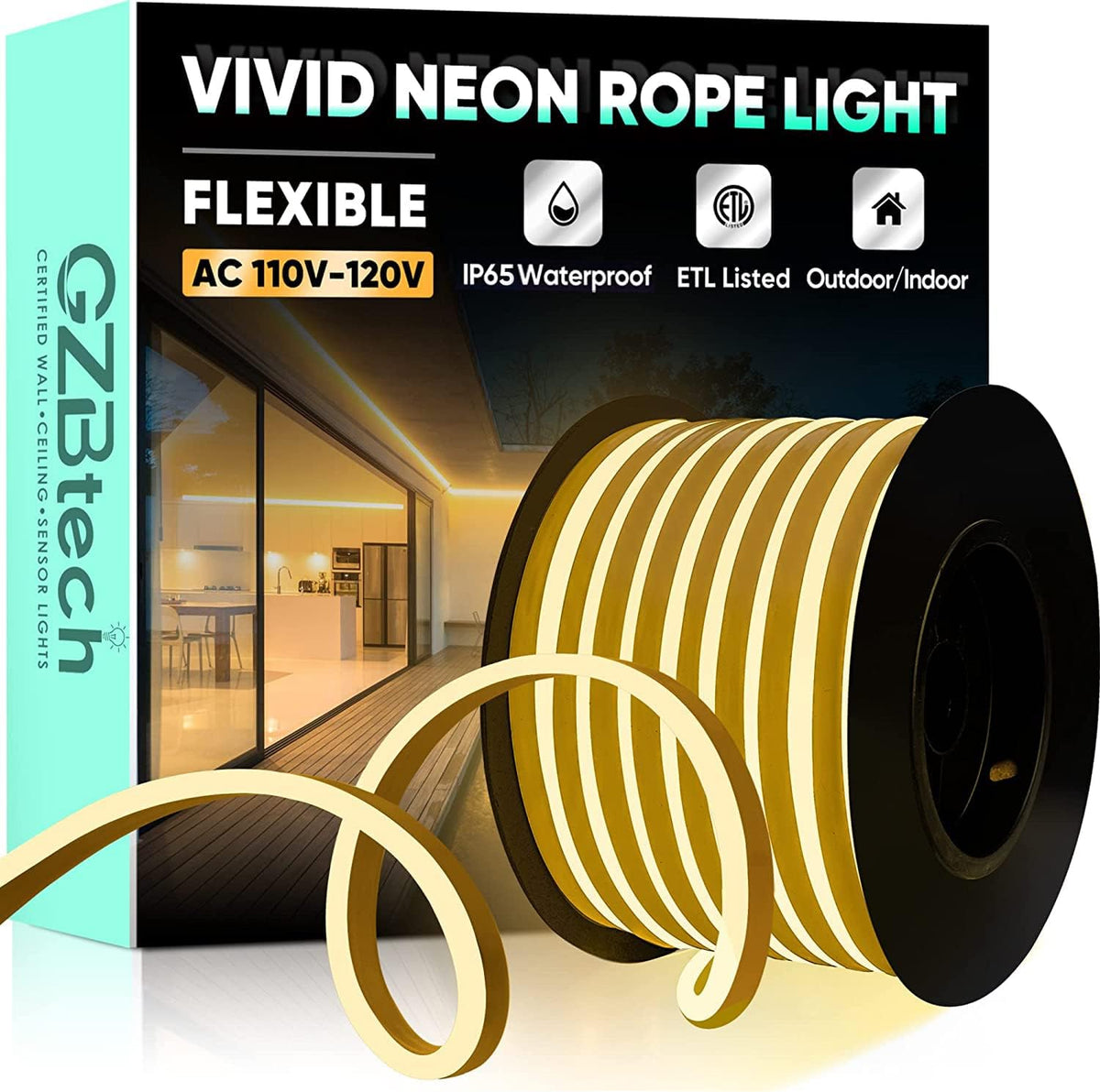 GZBtech Flexible LED Neon Rope Lights 66FT,AC 110-120V Waterproof Strip Light, 120 LEDs/M Cuttable Connectable Neon Lighting for Indoor Outdoor Home Decor/Commercial Building Use-Warm White 20M