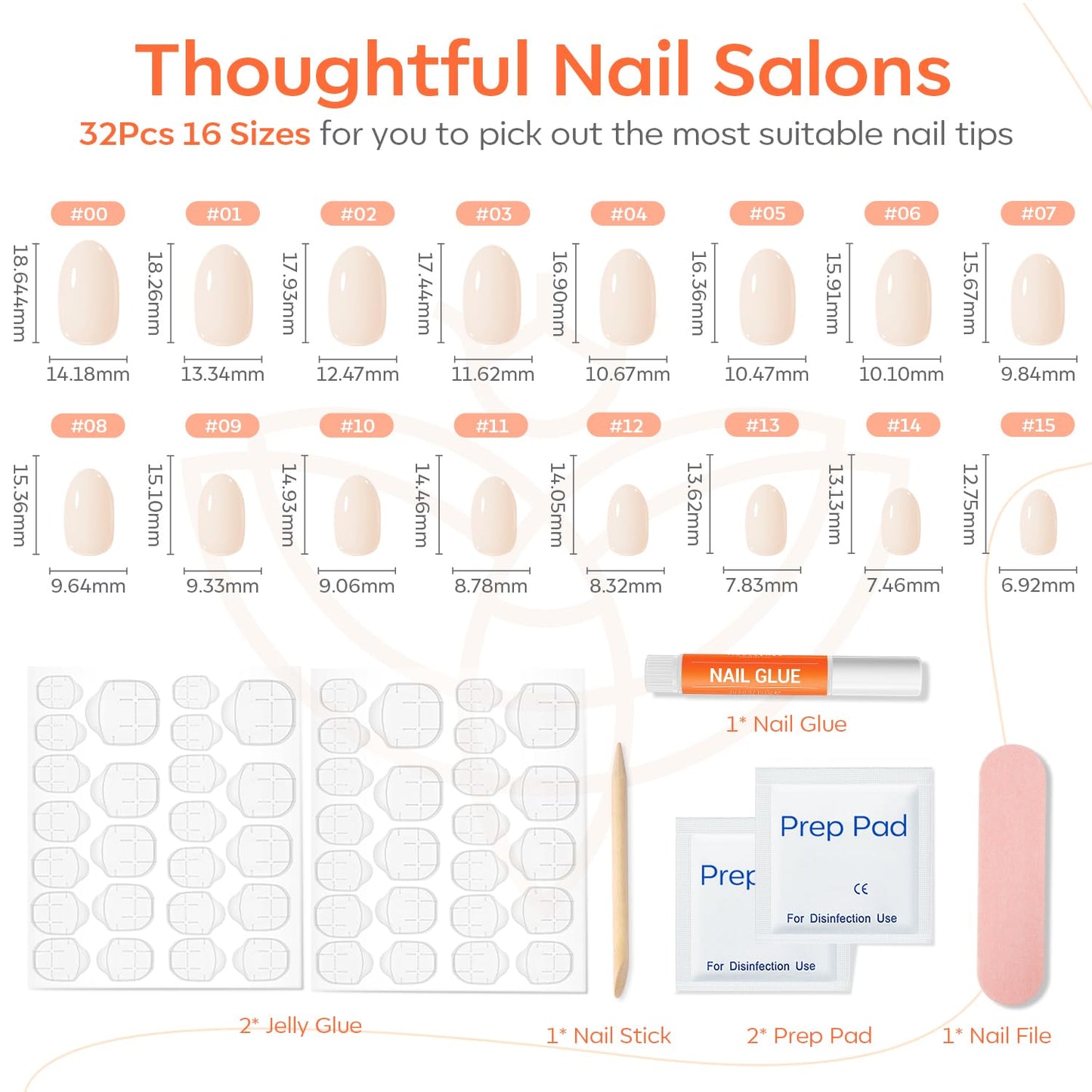 modelones Short Press on Nails, Oval Fake Nails Kit Press Ons with Nail Glue, Adhesive Tabs, Nail File, Prep Pad, Manicure Stick, 32Pcs 16 Sizes, White, Spring Women Girl Gift