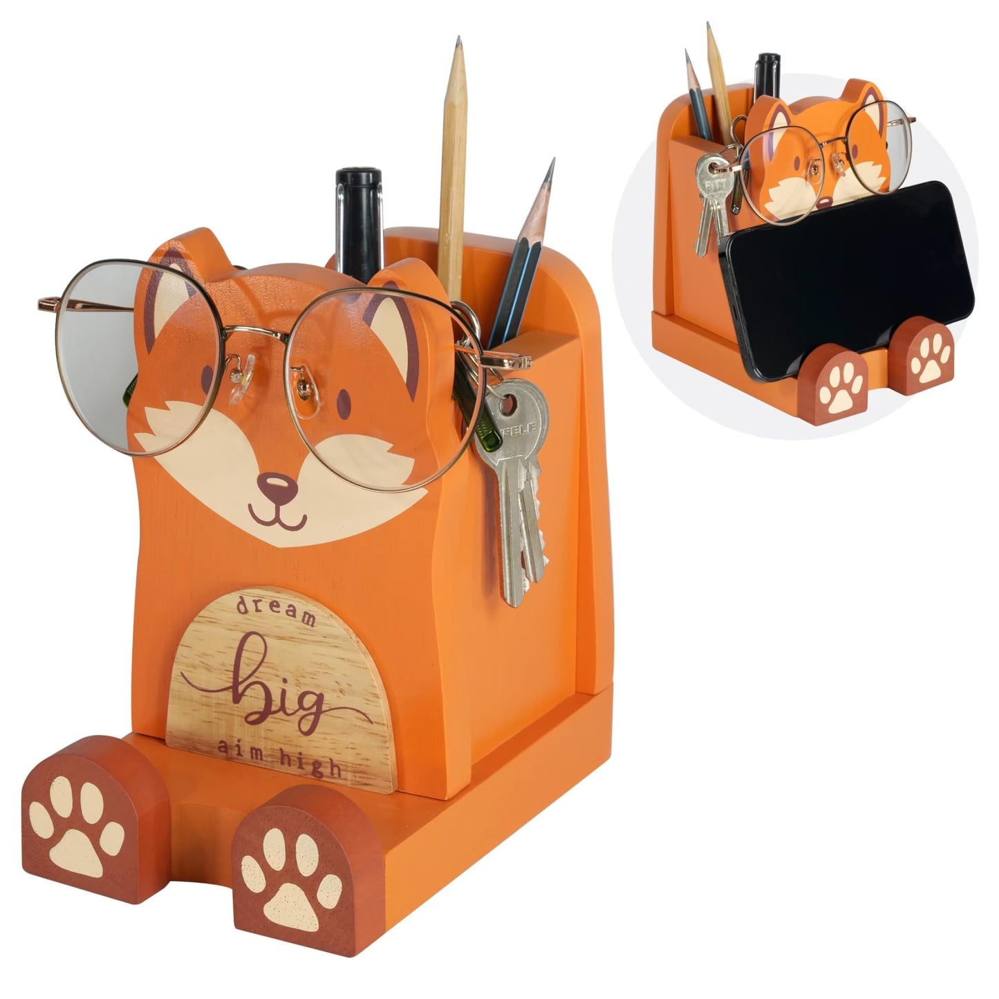 I'm Solid Wood Multipurpose Eyeglass Phone Pen & Pencil Holder Stand Stationery Desk Box Organizer Accessories Decor, Cute Home Office Desktop Decoration Birthday Graduation Gifts Fox Gifts (Fox)