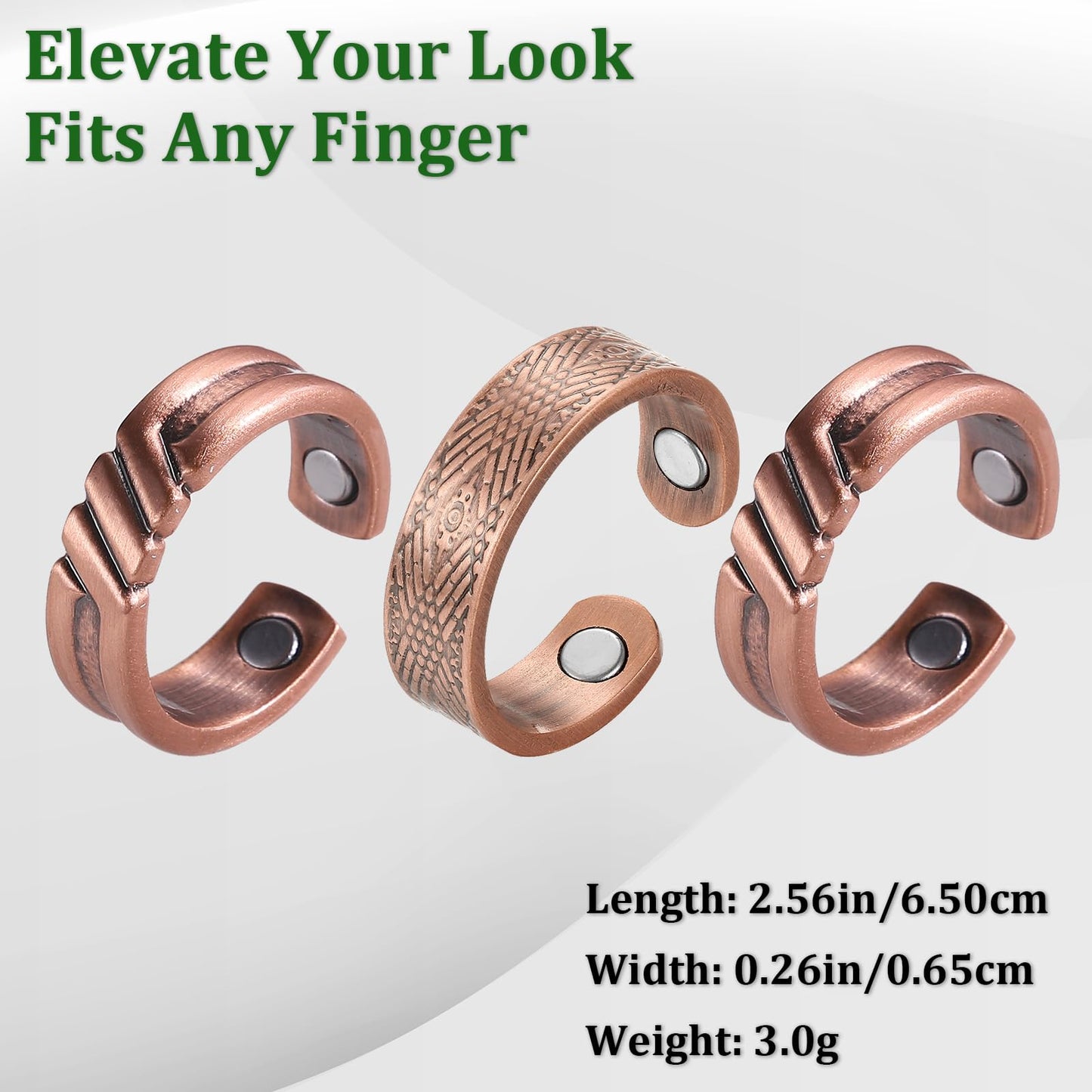 Fashtour 3 Copper Rings for Men, 99.9% Pure Copper Magnetic Rings, Vintage Pattern Adjustable Cuff Ring