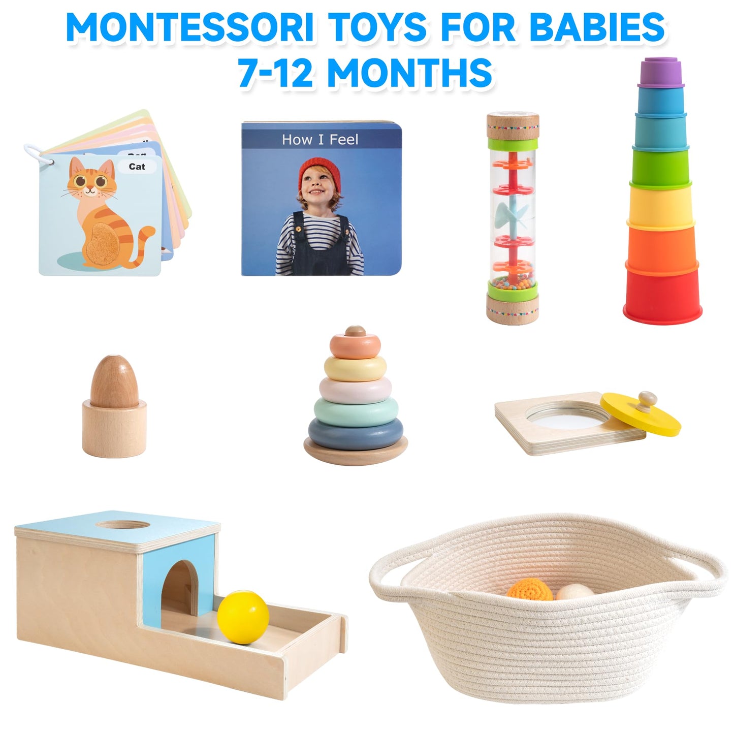 WOODMAM Montessori Toys for Babies 7-12 Months, 9 in 1 Educational Wooden Toys Set, Includes Object Permanent Box, Stacking Cups, Mirror Puzzle, Ring Stacker and More