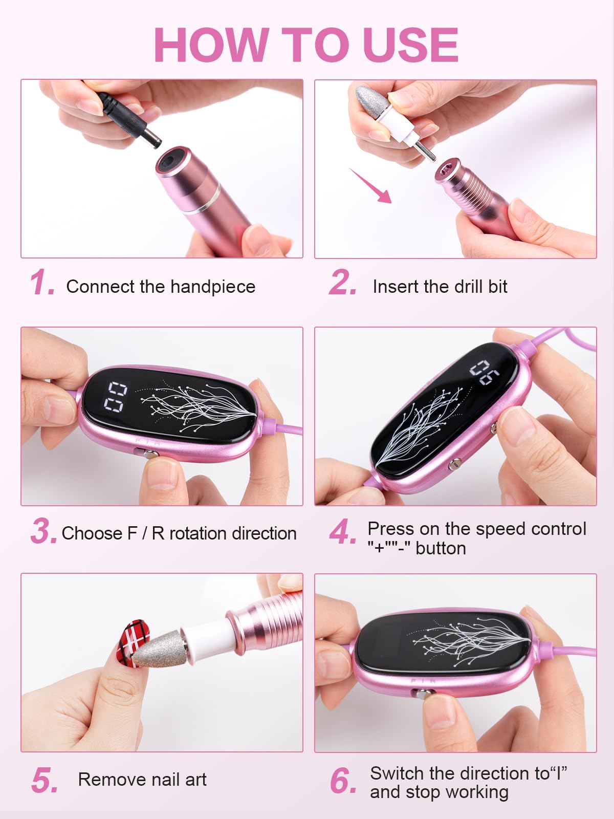 Subay Professional Manicure Pedicure Kit, Electric Nail Drill Set with LED Display, 25000RPM, 11-Piece Attachments Plus 20 Sanding Bands, Nail Grinder Tool for Women Men Baby Pets, with Dust Brush