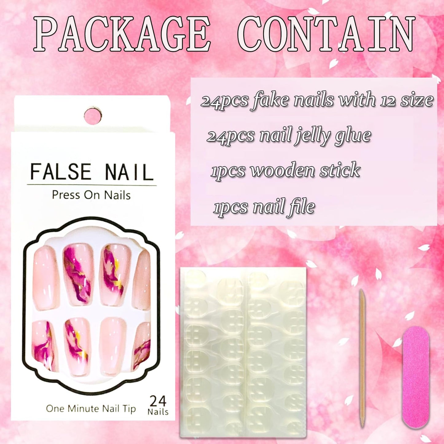 Vezocim Pink Press on Nails Square 24Pcs Glossy Full Cover Medium Acrylic Square False Nails with Marble Designs Artificial Coffin Reusable Fake Nails Glue ons Fingernails for Women Girls