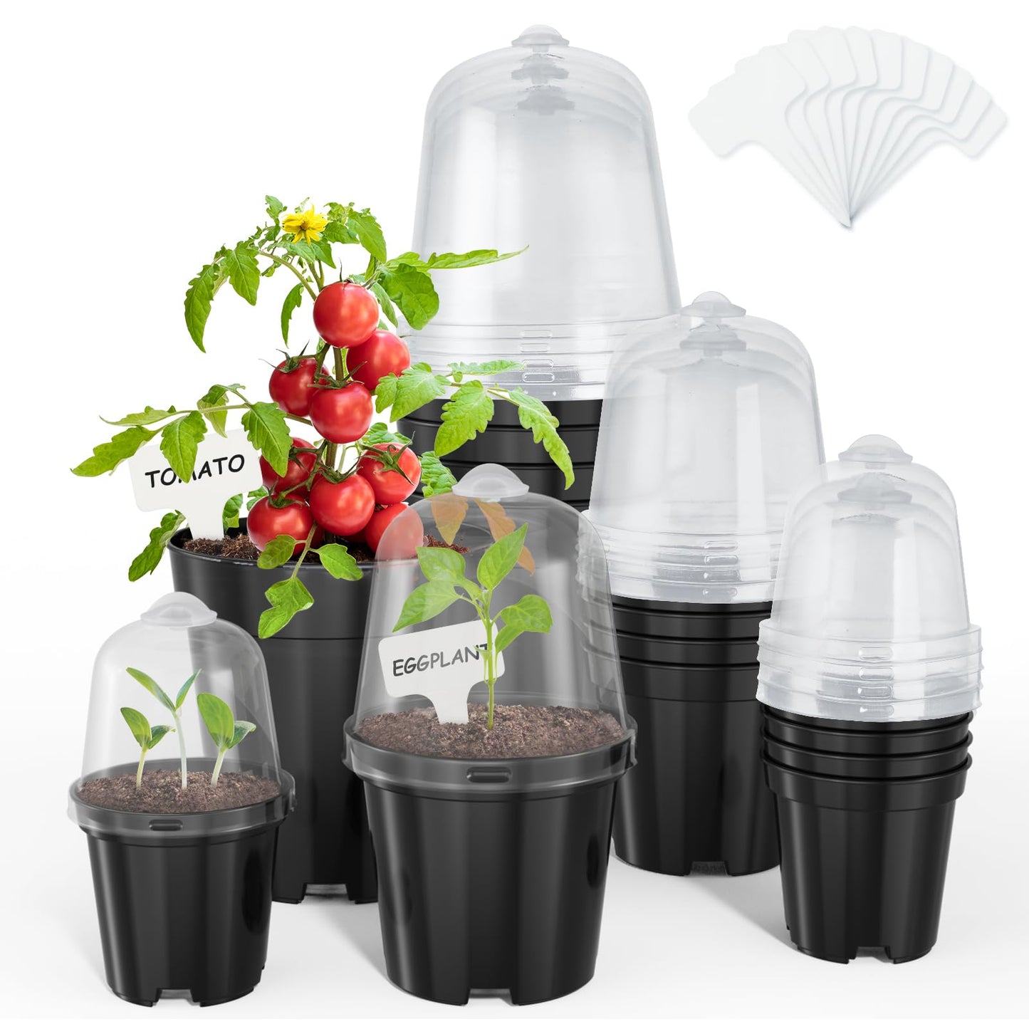 homenote Nursery Pots for Plants,3/4/5 Inch Plant Pot for Planting with Humidity Domes Plastic Seedling with Drainage Holes Seed Starter Flower with 10 Labels Black (15 Pack)