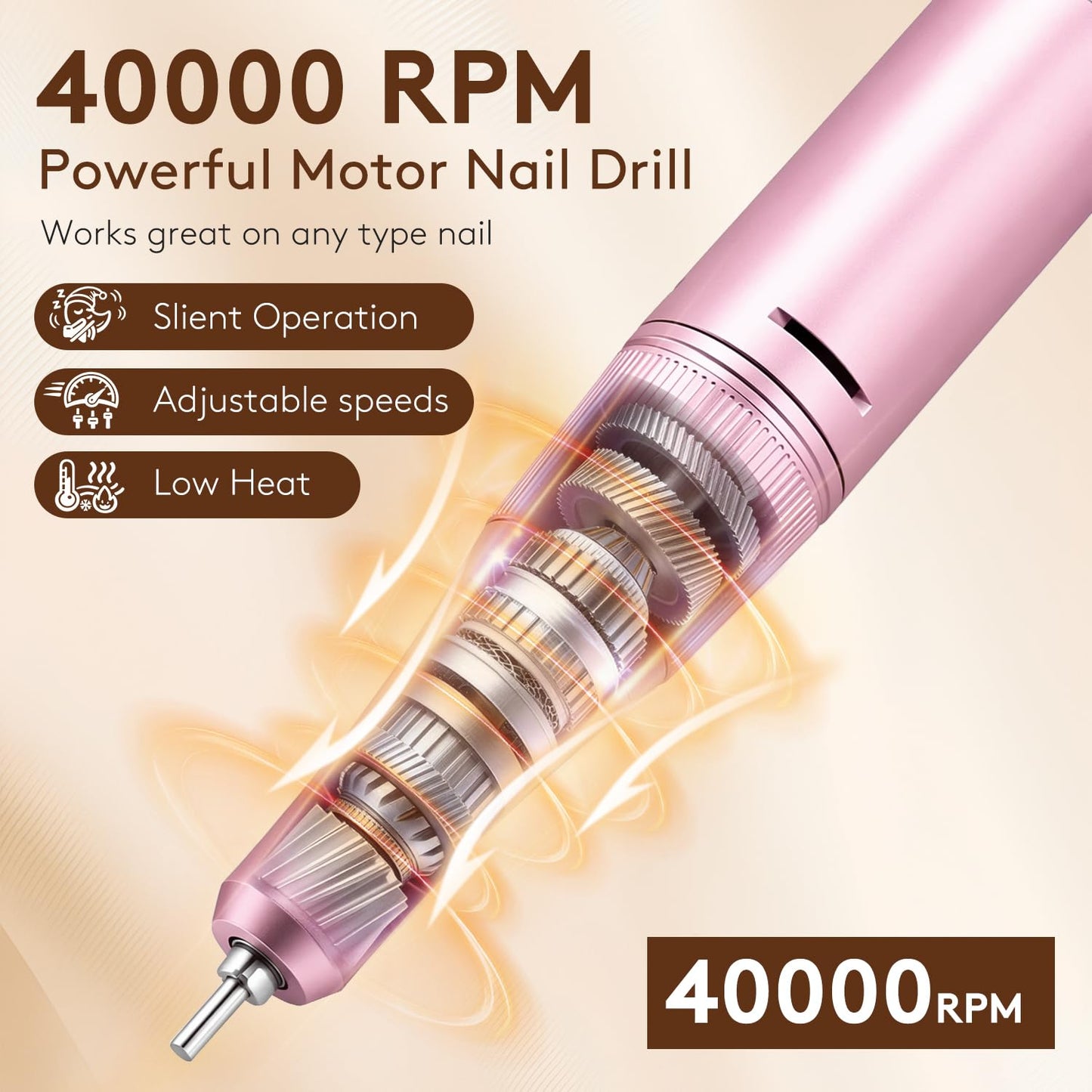 Pruk Professional Electric Nail Drill Kit, Portable 40000RPM Cordless E-File with LCD Display, 7 Drill Bits & 56 Sanding Bands, Manicure Nail Machine for Salon Home, Training & Travel, Pink