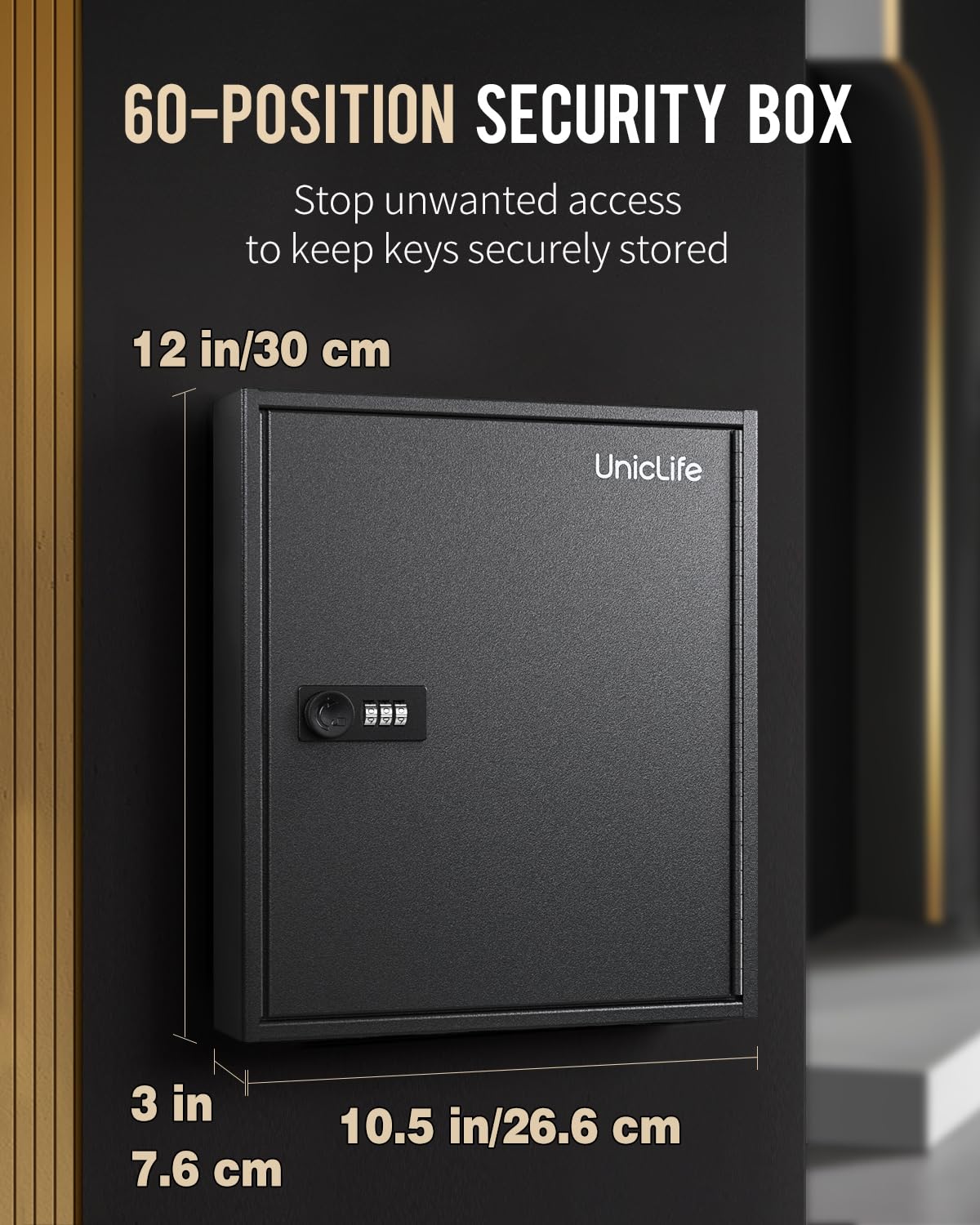 Uniclife 60 Position Slotted Key Cabinet with Combination Lock Resettable Black Digital Security Storage Box Steel Key Organizer with Slotted Racks White Key Tag Labels and Permanent Pen