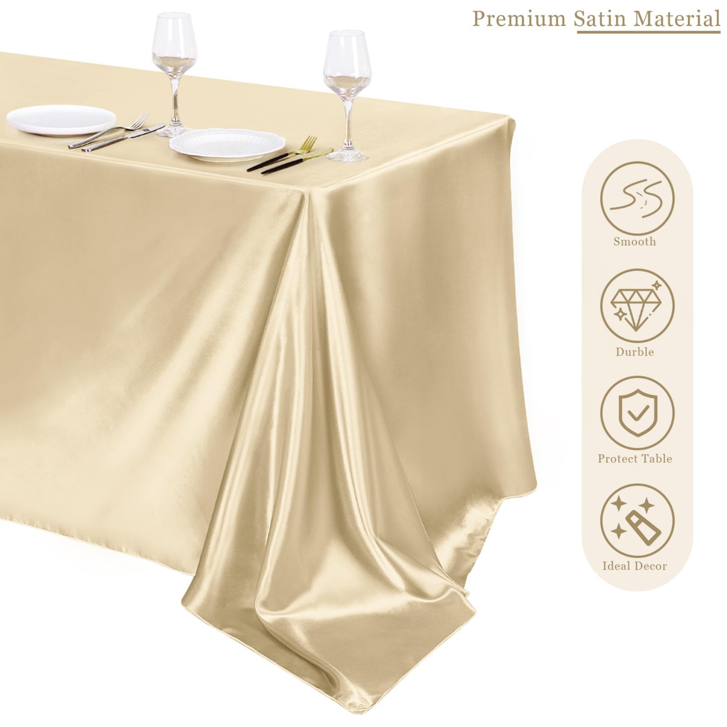 TURSTIN 1 Pack Champagne Satin Tablecloth 102 x 58 Inch Overlay Satin Table Cover Rectangle Bright Silk Tablecloth Smooth Fabric Table Decoration for Wedding Banquet Party Events