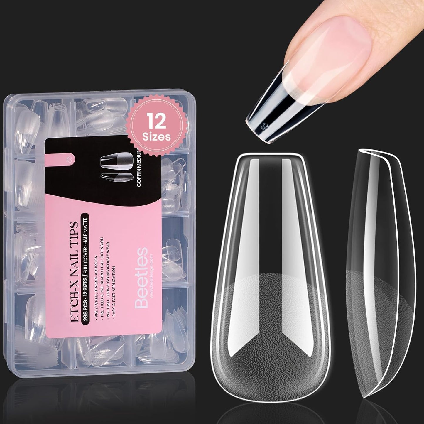 Beetles Solid Nail Glue Gel with 20ml Nail Glue Remover Set with Gel Nail Tips Medium Coffin Etch X Nail Tips, 12 Sizes 288Pcs Pre Shaped Half Matte Press On Nails