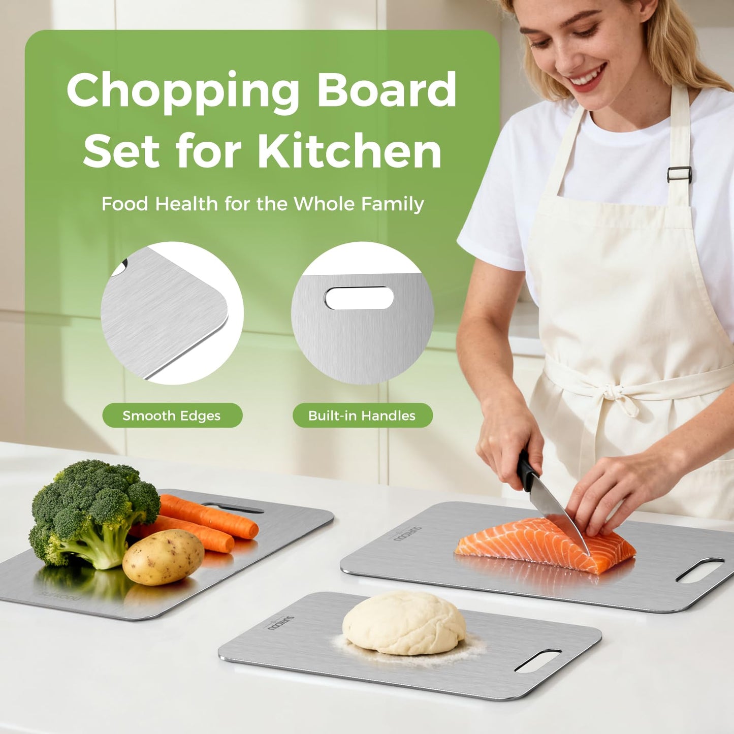 Titanium Cutting Board Set of 3, Titanium Cutting Boards for Kitchen, 100% Double-Sided Titanium Cutting Boards, Separate Raw and Cooked Food Areas, Non-Toxic, Dishwasher Safe (S+ M + L)