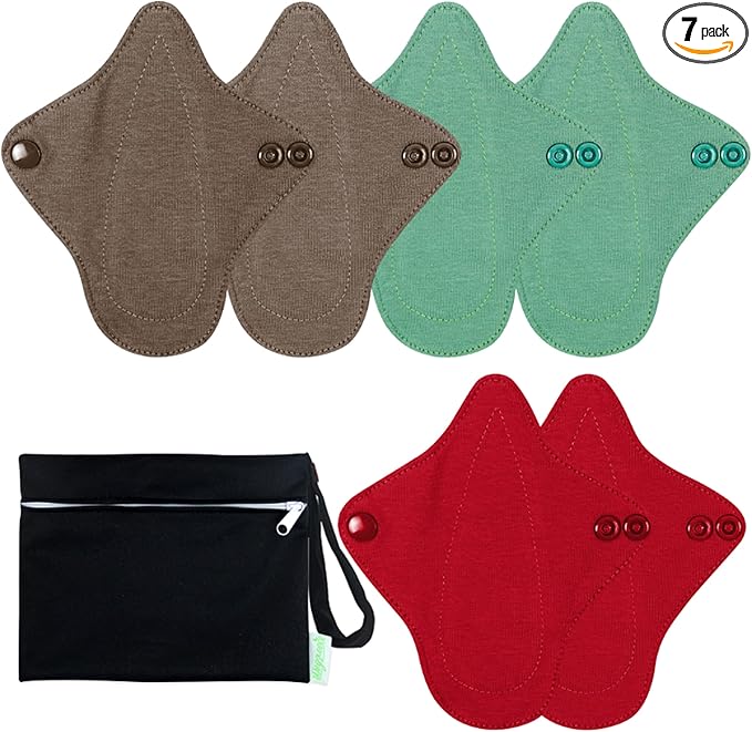 wegreeco 6 Pc Reusable Menstrual Pads, Ultra Thin Pantiliners for Thongs, Cloth Pads, Panty Liners for Teens, Women, Nonslip Thong Pantiliners + 1 Pc Wet Bag (Aqua, Burgundy, Coffee, XS)
