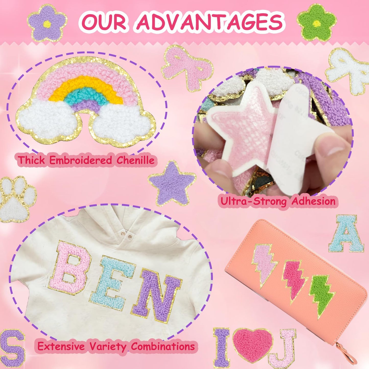 86 Pcs Chenille Letter Patches Self Adhesive Iron On Patches for Clothes,Include 52 A-Z Varsity Alphabet,34 Cute Pattern Chenille Patches for DIY Clothing,Bags,Hats,Embroidered Repair