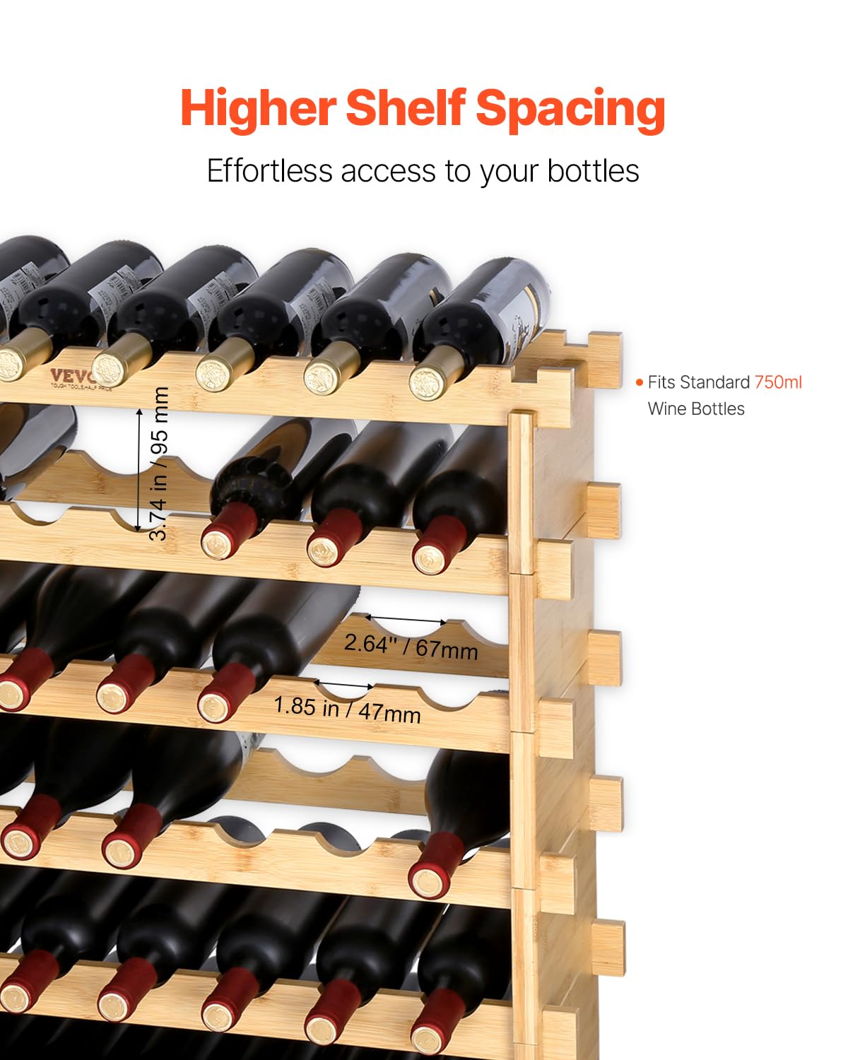 VEVOR 6-Tier 48 Bottles Stackable Modular Wine Rack, Freestanding Wines Holder Display Shelf, Solid Bamboo Wood Storage Racks, Wobble-Free Shelves for Kitchens, Dining Rooms, Cellars, Natural Color