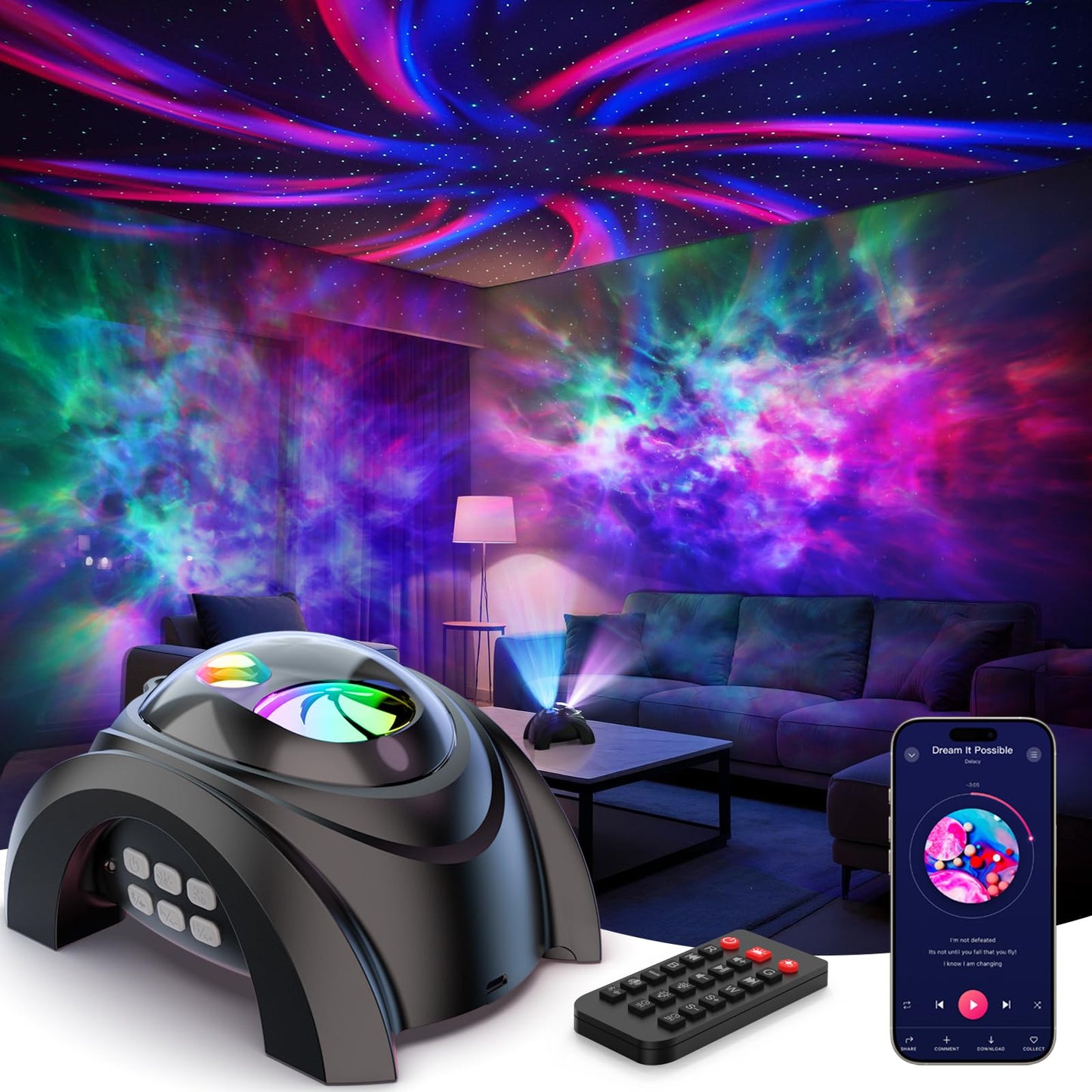 Rossetta Dual Lens Galaxy Projector, Star Projector for Bedroom with 58 Light Effects, Night Light Projector with White Noise & Bluetooth Speaker, Remote Timer, Room Decor Gift for Kids Adults Teens