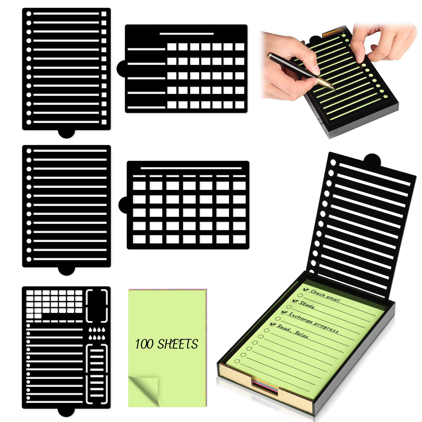 4" x 6" Sticky Notes Stencil and Holder Set with 5 Planner Stencils 100 Sheet Self-Stick Sticky Notes Black Acrylic Post It Note Stencil Holder Memo Organizer for Classroom Office Desk Organizer