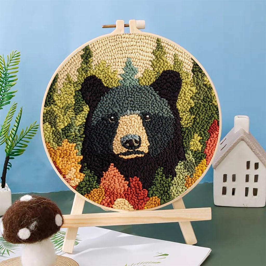 Punch Needle Kits Black Bear Embroidery Starter Set with Hoop Easy for Beginners DIY Stress Relief Handmade Craft Hobby and Home Decor 20x20cm