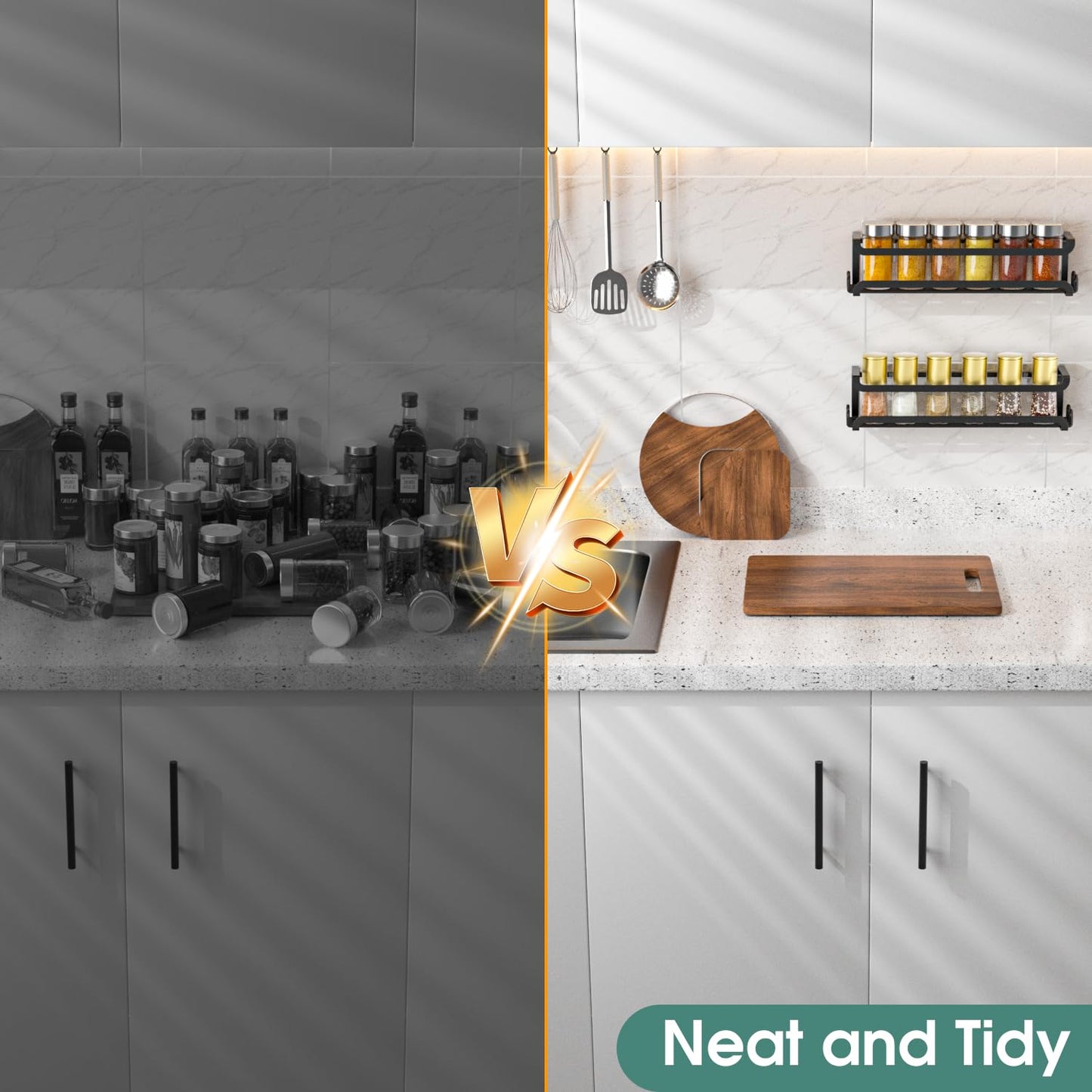 LUCYCAZ 2 Pack Wall Mounted Spice Rack with 8 Hooks, Spice Organizer Shelf for Stove Cabinet Pantry Door,Screw or Adhesive Spice Shelf Hanging Wall Spice Rack in Kitchen and RV (Black, 2 PACK)