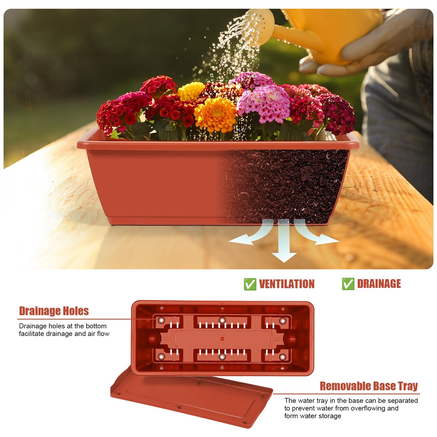 Railing Planter Box 4 Pack Window Boxes Planters 16.9 Inch Rectangular Planter with Adjustable Brackets 2 Tier Outdoor Balcony Hanging Planters Set of 2 for Railings Garden Porch Patio, Brick Red