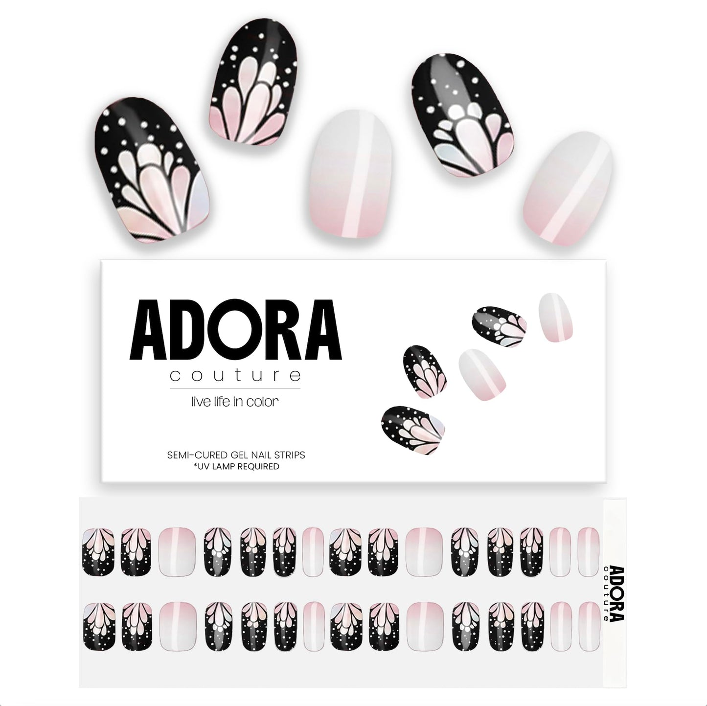 Adora Couture Semi Cured Gel Nail Strips with 30 Pieces - UV Gel Stickers, Manicure Kit, Easy Application Wraps Includes Prep Pads, Nail File, Wooden Stick - UV Light Required (Night Moth)
